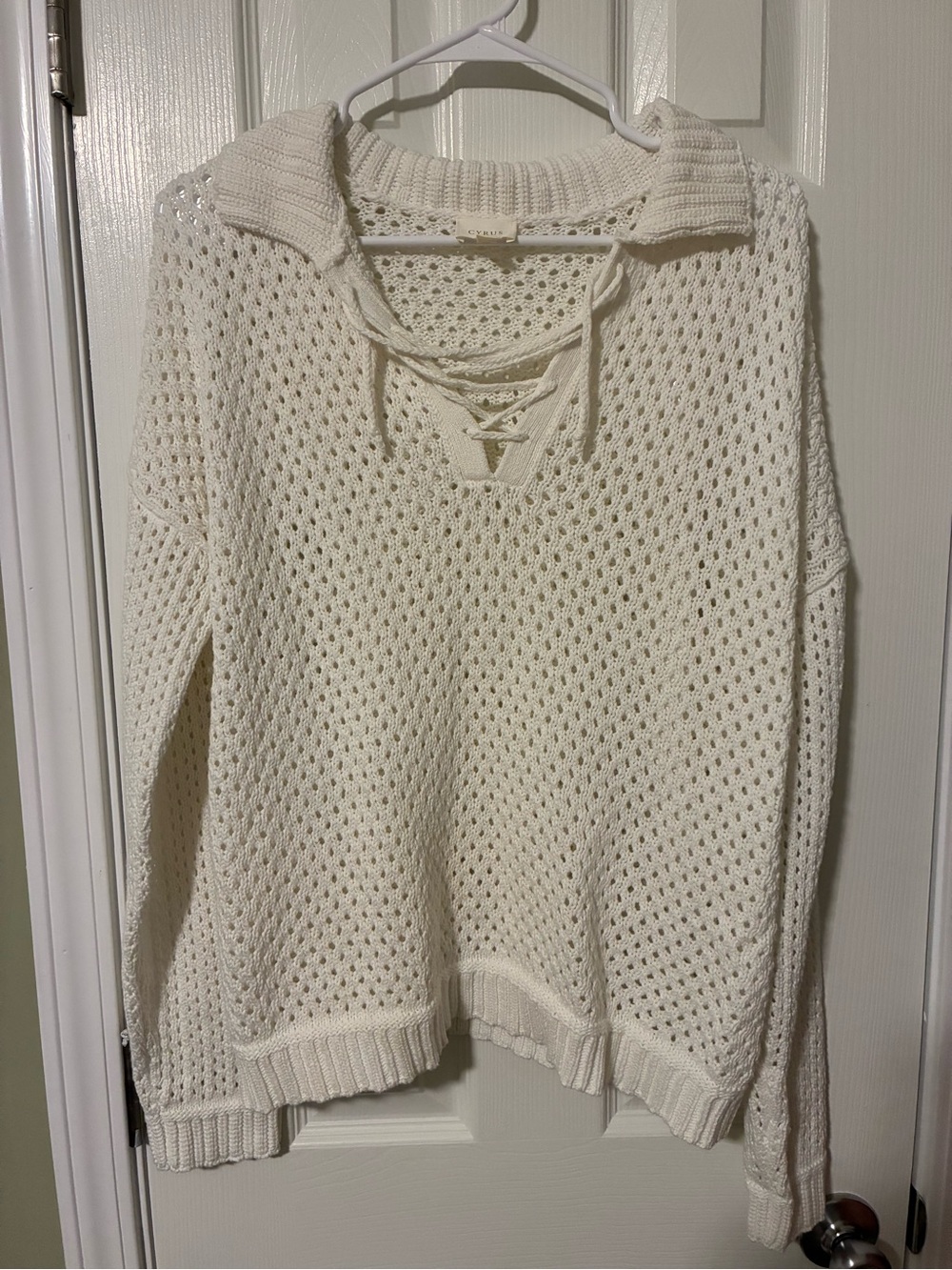 Cyrus Cream Lace-Up Openwork Knit Turtleneck Sweater